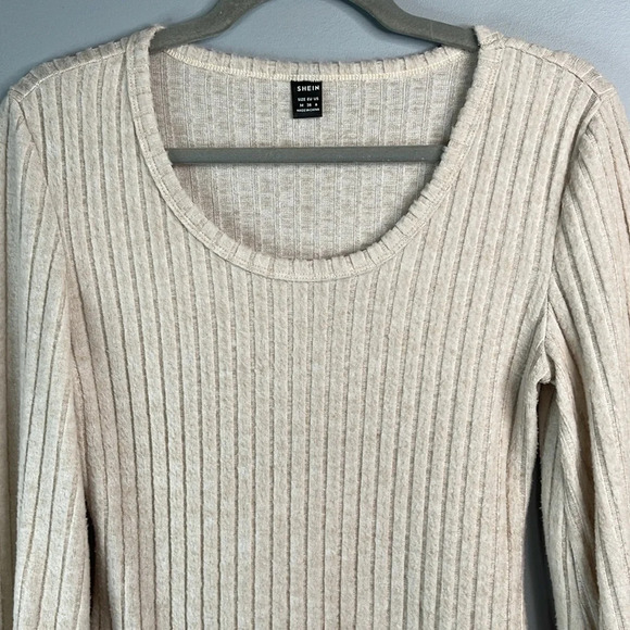 SHEIN Wide Ribbed Fuzzy Sweater Oatmeal Scoop Neck Cuffed Long Sleeve Stretch  M - Picture 3 of 11